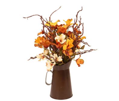 Vintage flowers: autumn flowers with vintage metal pitcher flower vase