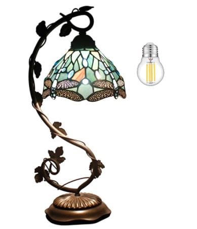 Vintage lamps: tiffany lamp - sea blue dragonfly table lamp with antique metal