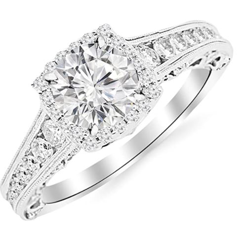 Vintage rings: 14k white gold vintage halo style round brilliant diamond engagement ring